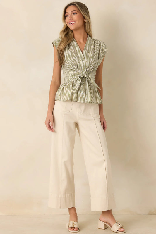 Well Read Olive Green Stripe & Dot Print Cotton Tie Waist Blouse