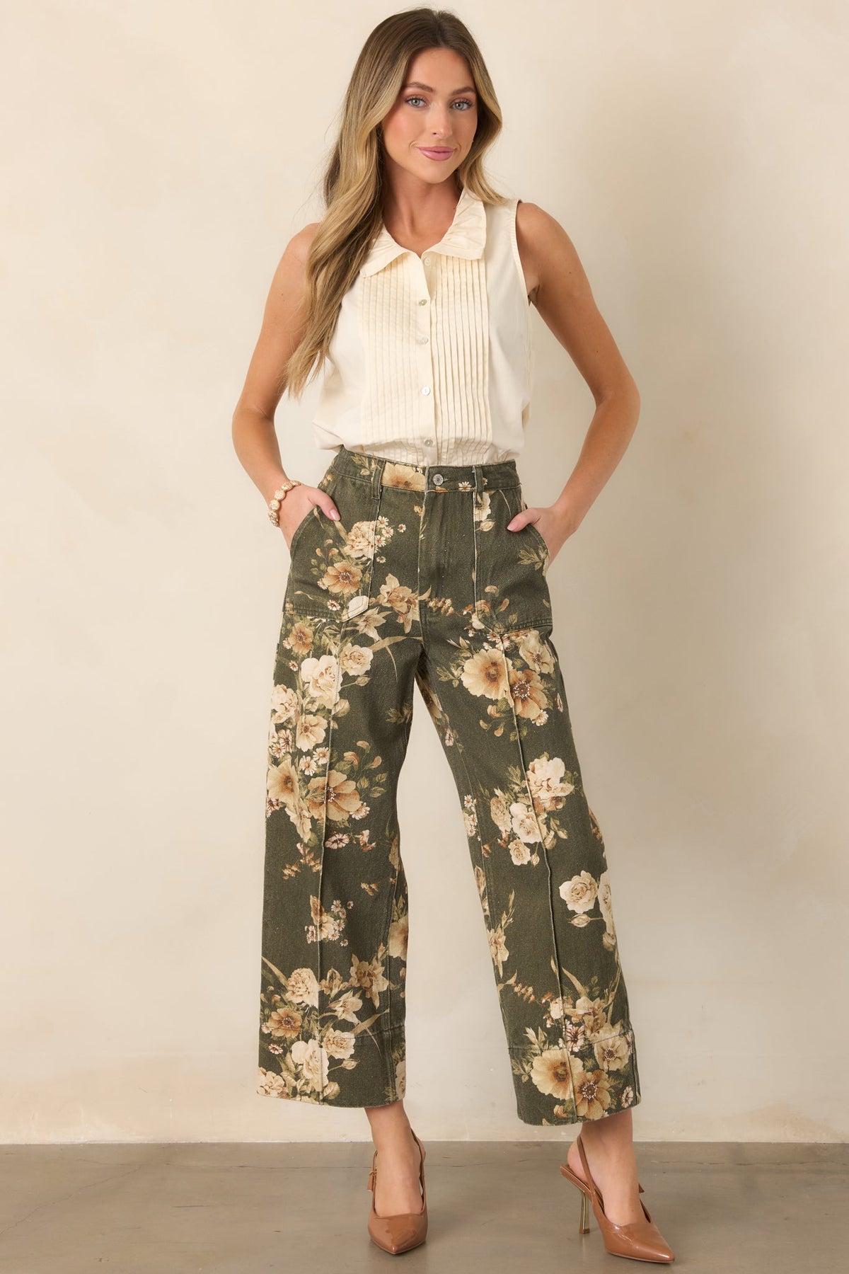 Naturally Speaking Olive & Ivory Floral Cotton Wide Leg Pants