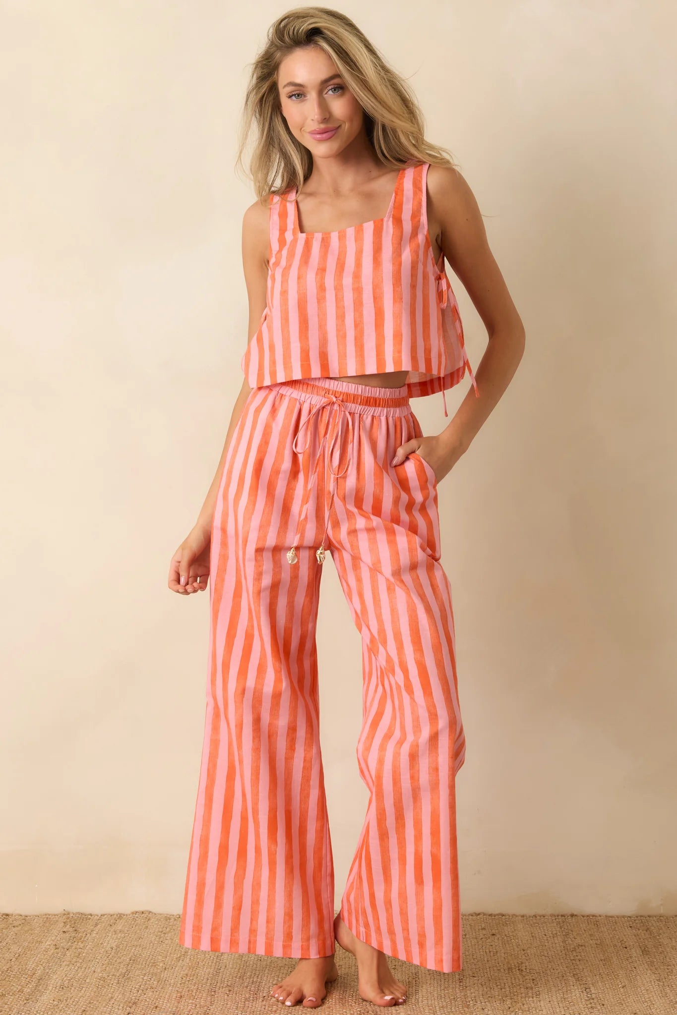 Paradisa Selima Pink & Orange Stripe Linen Blend Crop Top