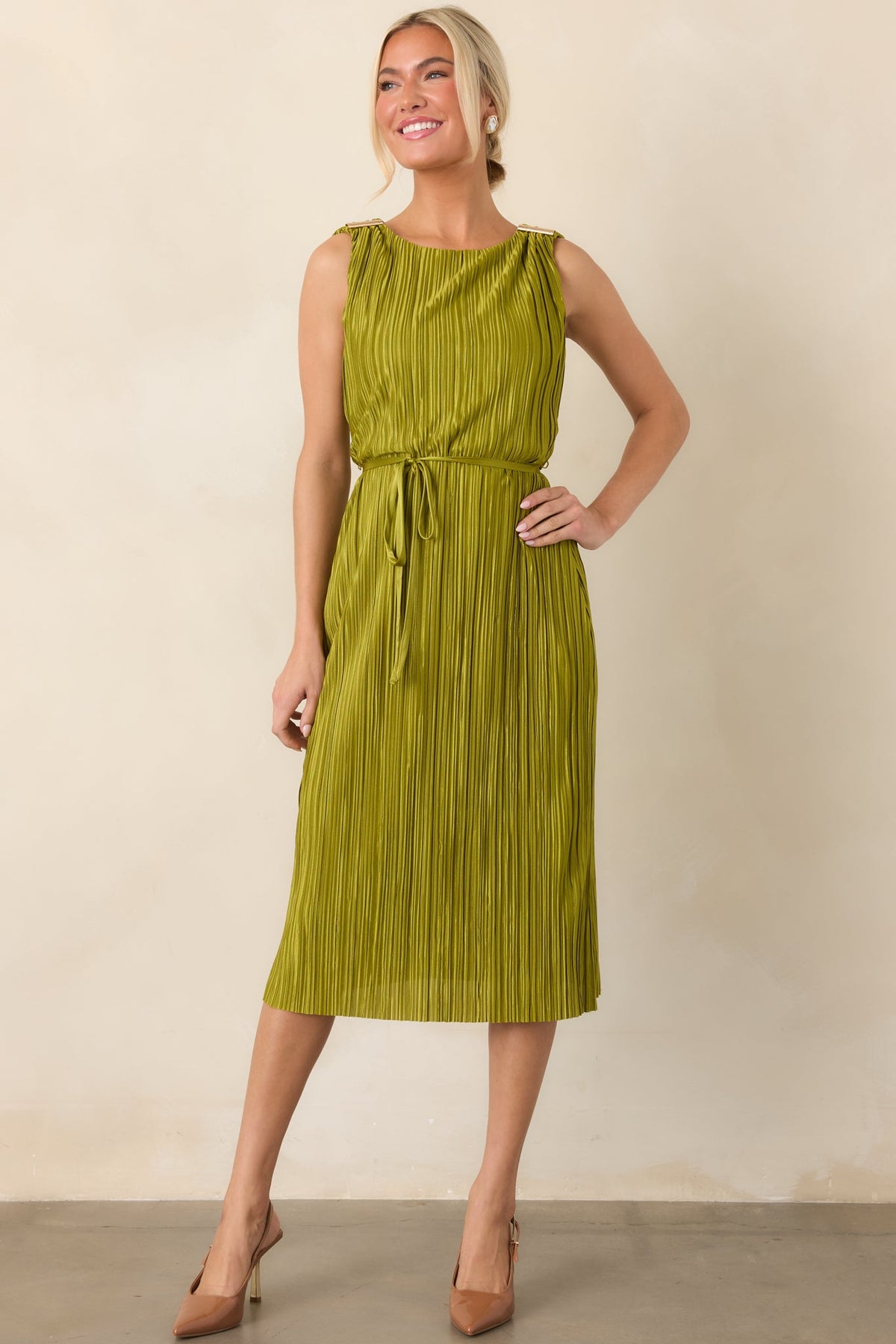 Afterglow Peridot Green Pleated Midi Dress