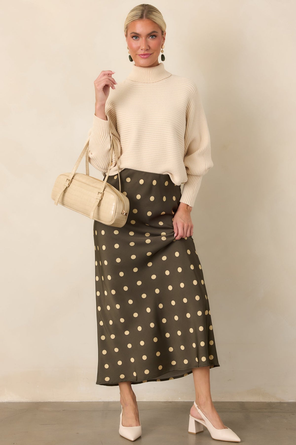 Polished Path Beige Ribbed Batwing Cropped Turtleneck Sweater