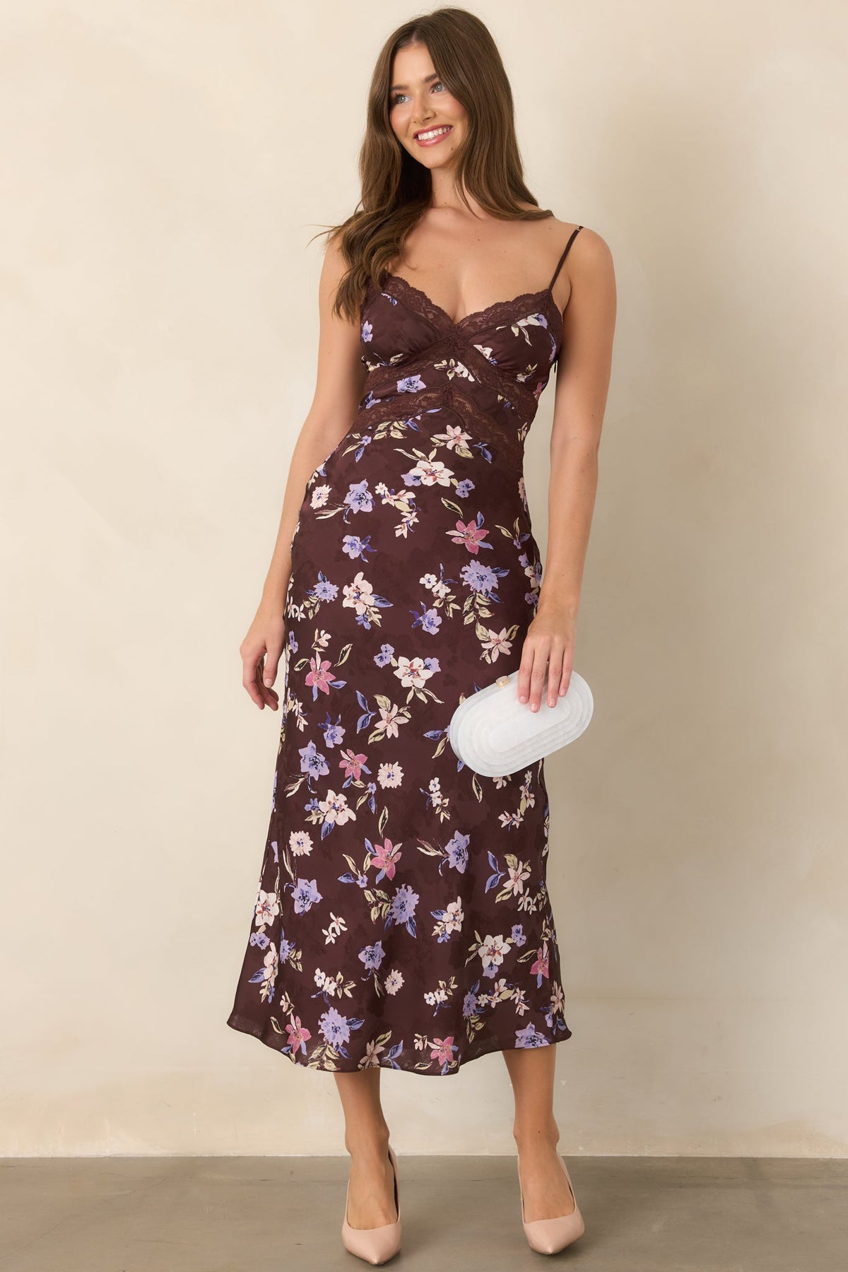 ASTR the Label Carin Brown Floral Satin Lace-Trim Slip Maxi Dress