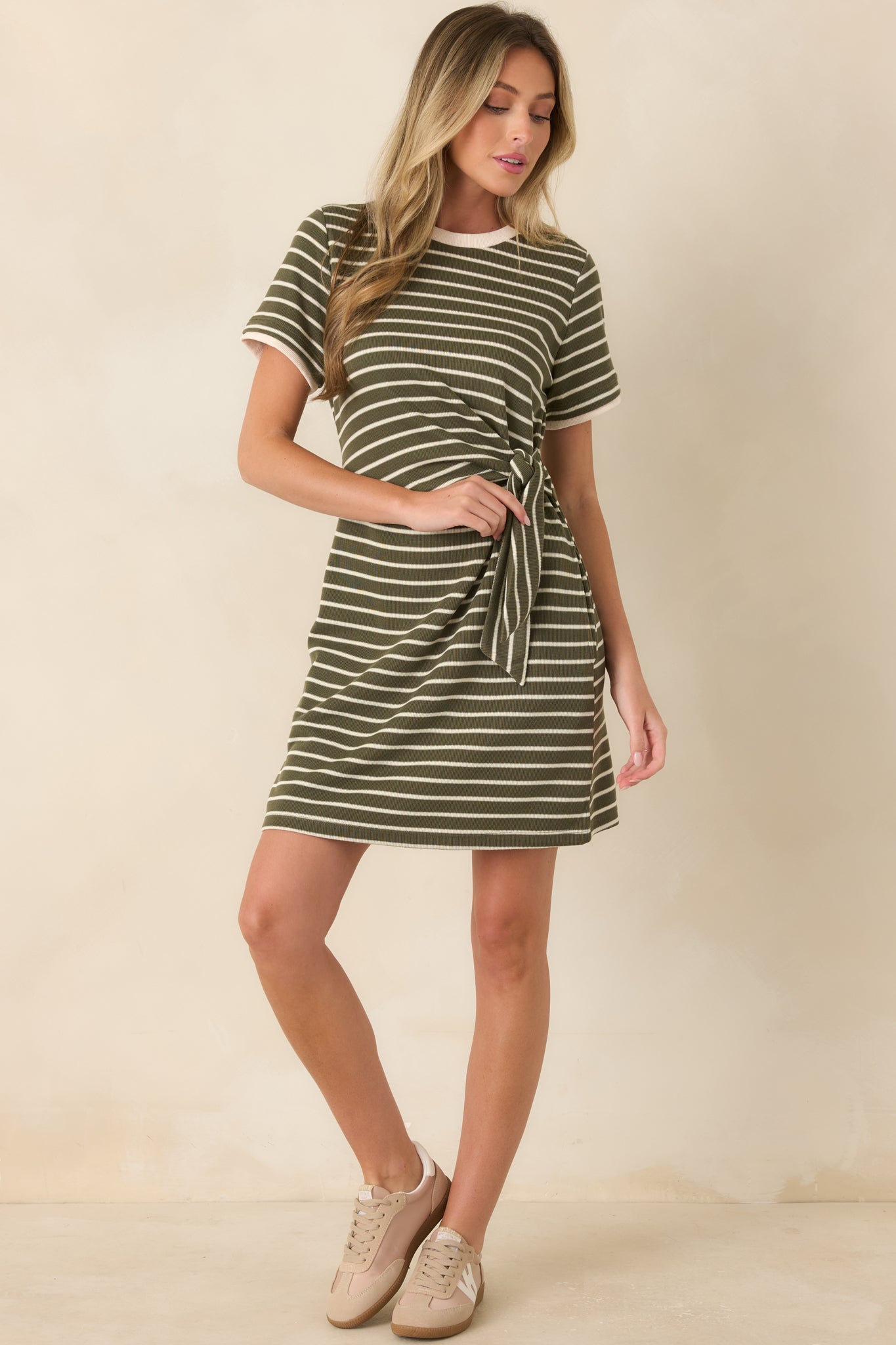 On Your Side Olive Stripe Tie Mini Dress
