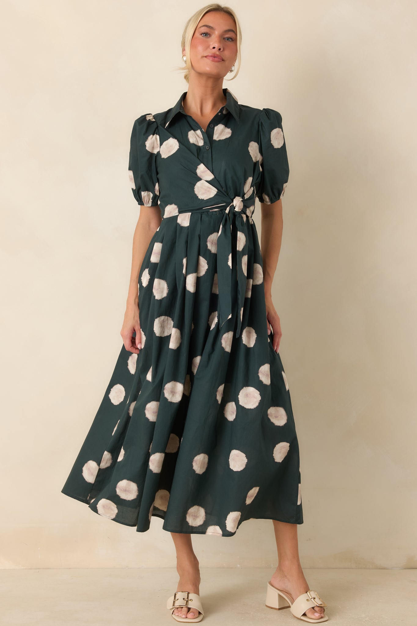 Gather Around Hunter Green Dot Print Cotton Midi Dress