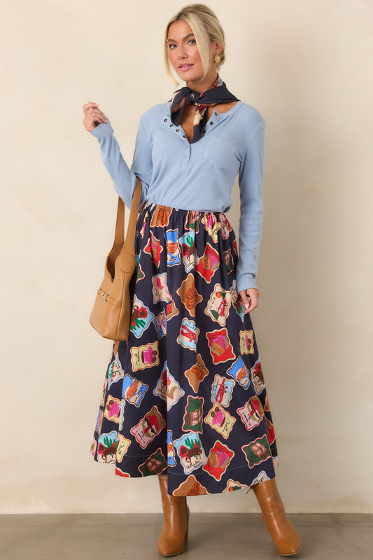 FRNCH Borth Midnight Blue Multi Stamp Maxi Skirt