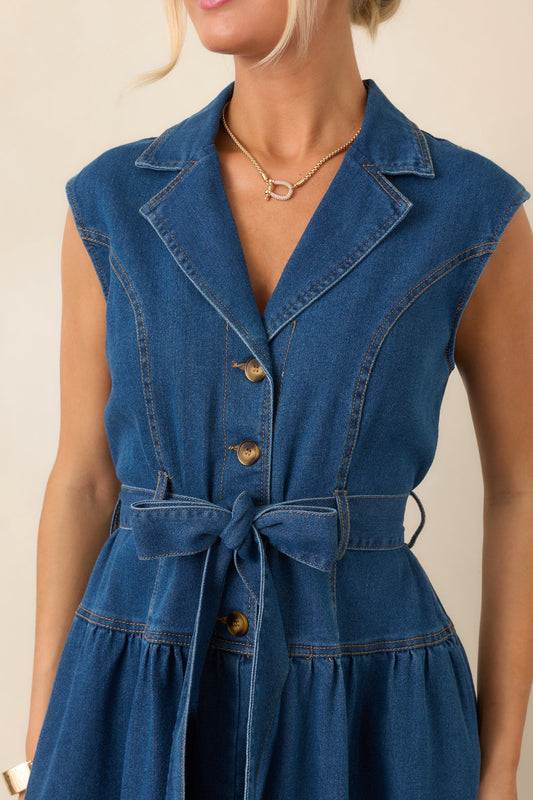 I'm All In Dark Wash Denim Tie-Belt Midi Dress