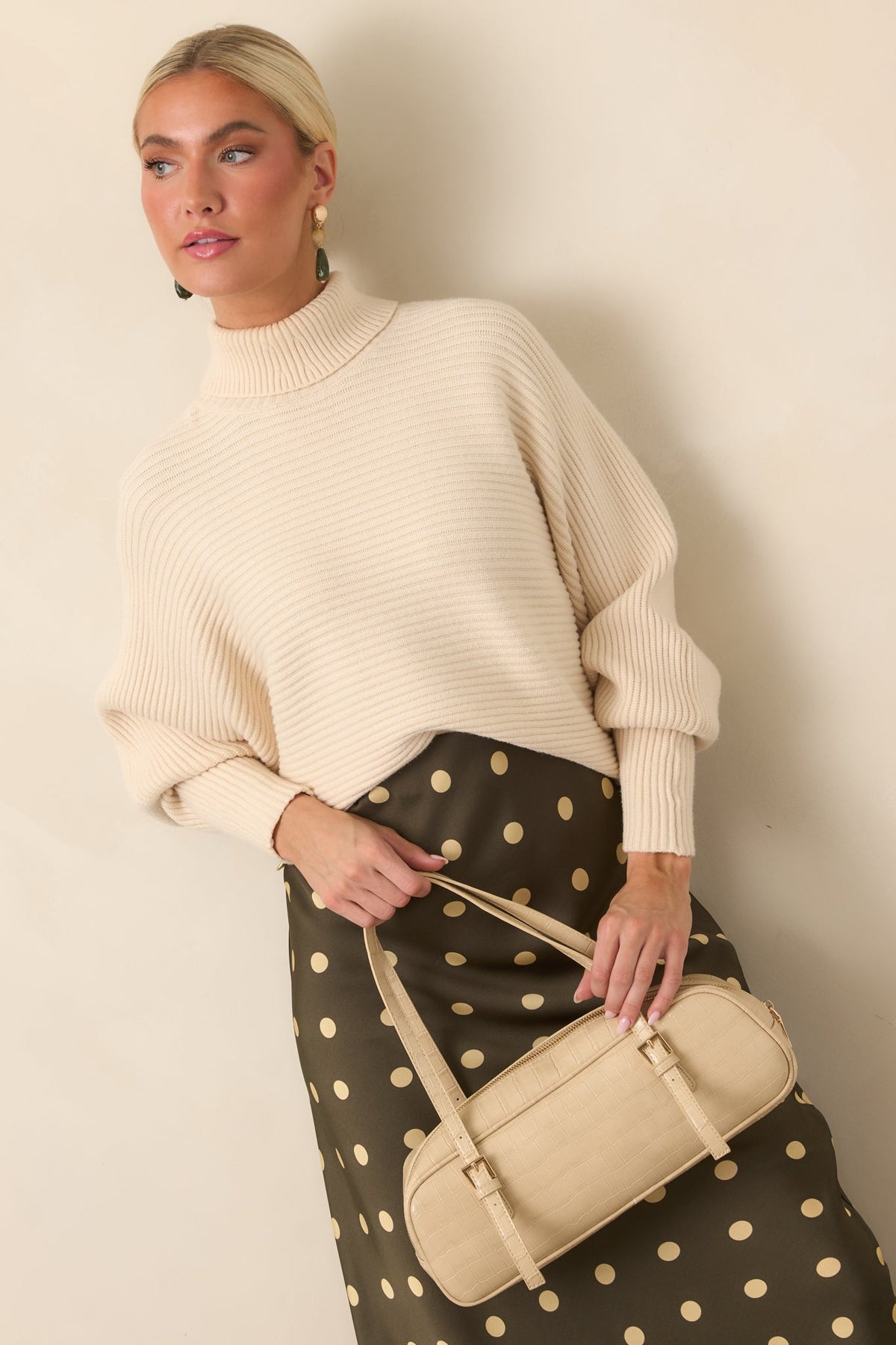 Polished Path Beige Ribbed Batwing Cropped Turtleneck Sweater