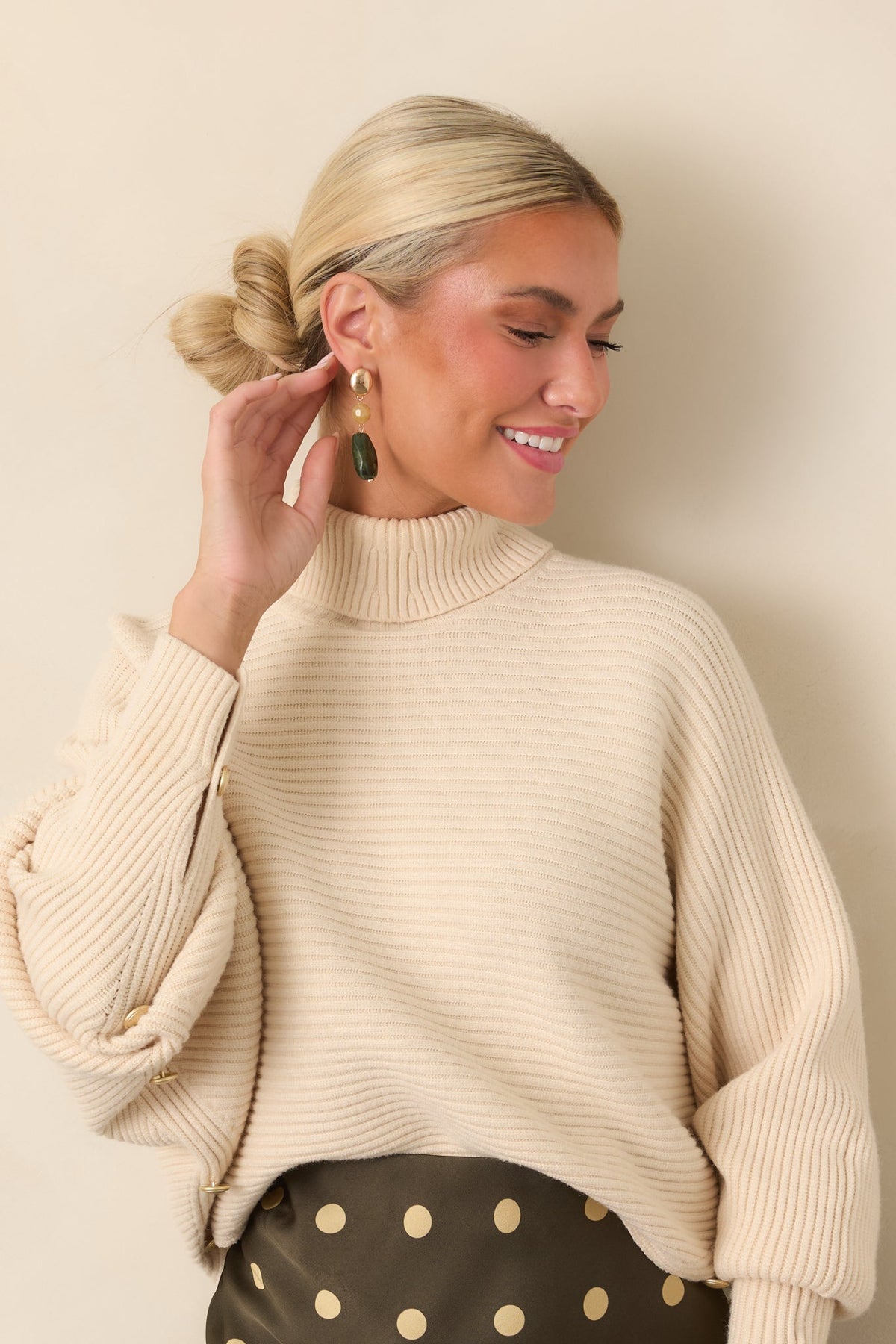 Polished Path Beige Ribbed Batwing Cropped Turtleneck Sweater