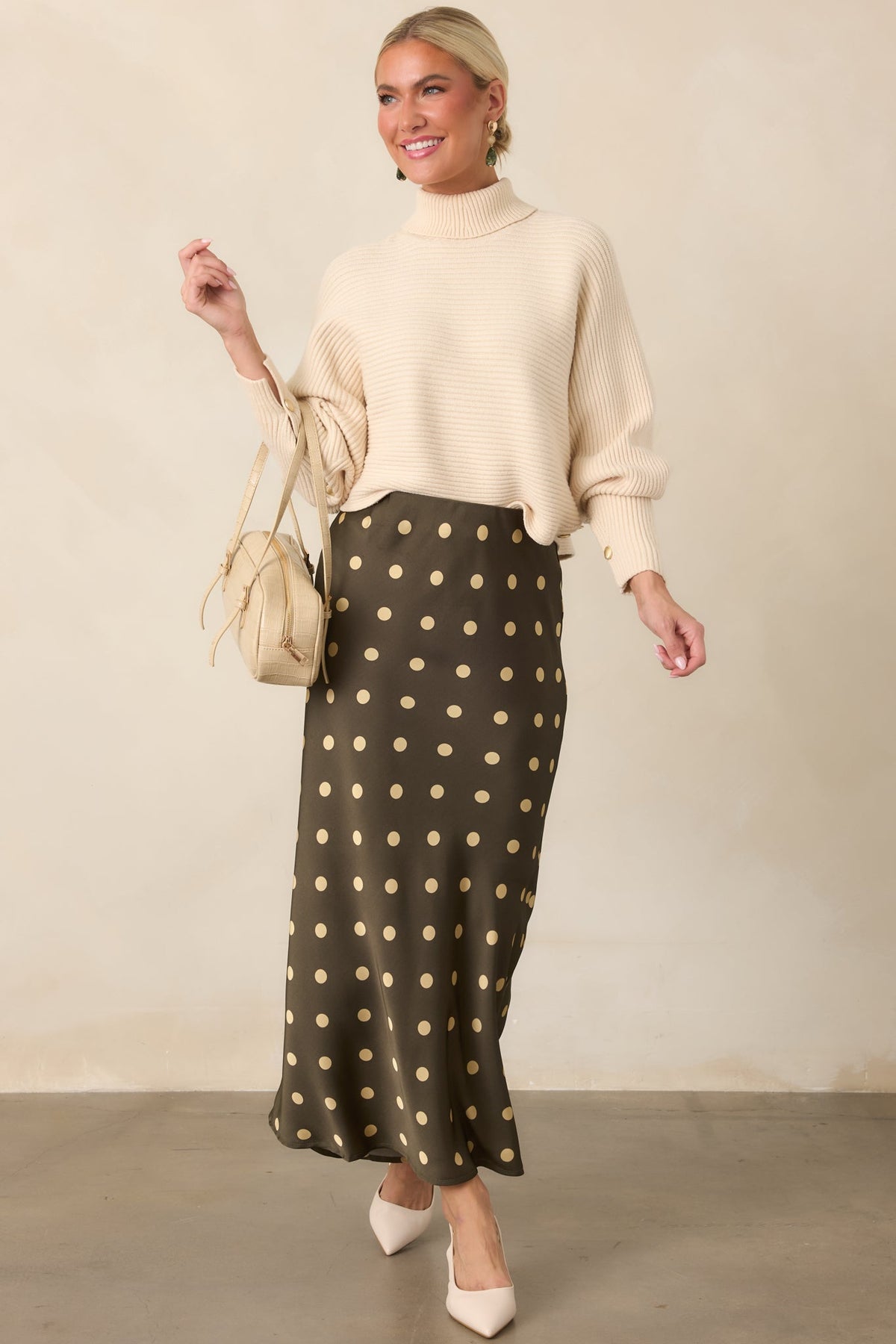 Polished Path Beige Ribbed Batwing Cropped Turtleneck Sweater