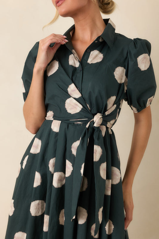 Gather Around Hunter Green Dot Print Cotton Midi Dress