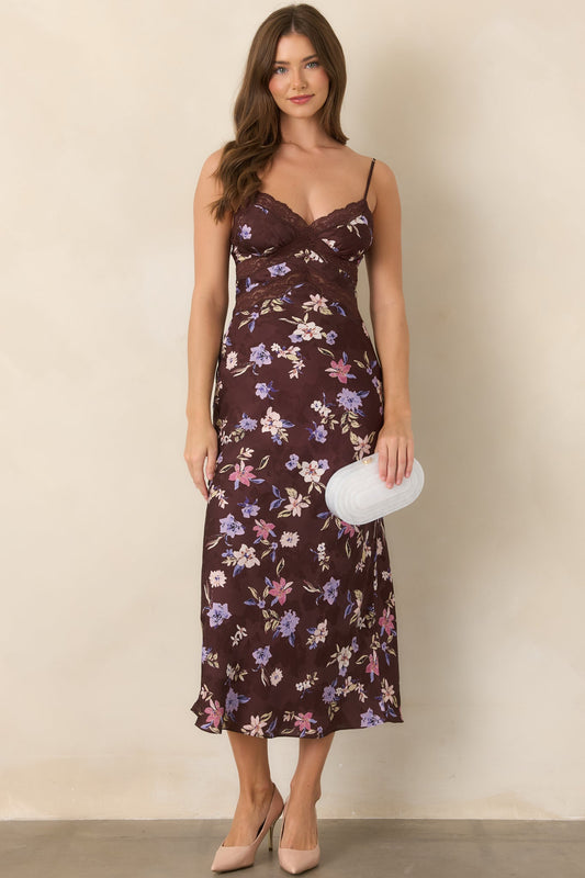 ASTR the Label Carin Brown Floral Satin Lace-Trim Slip Maxi Dress