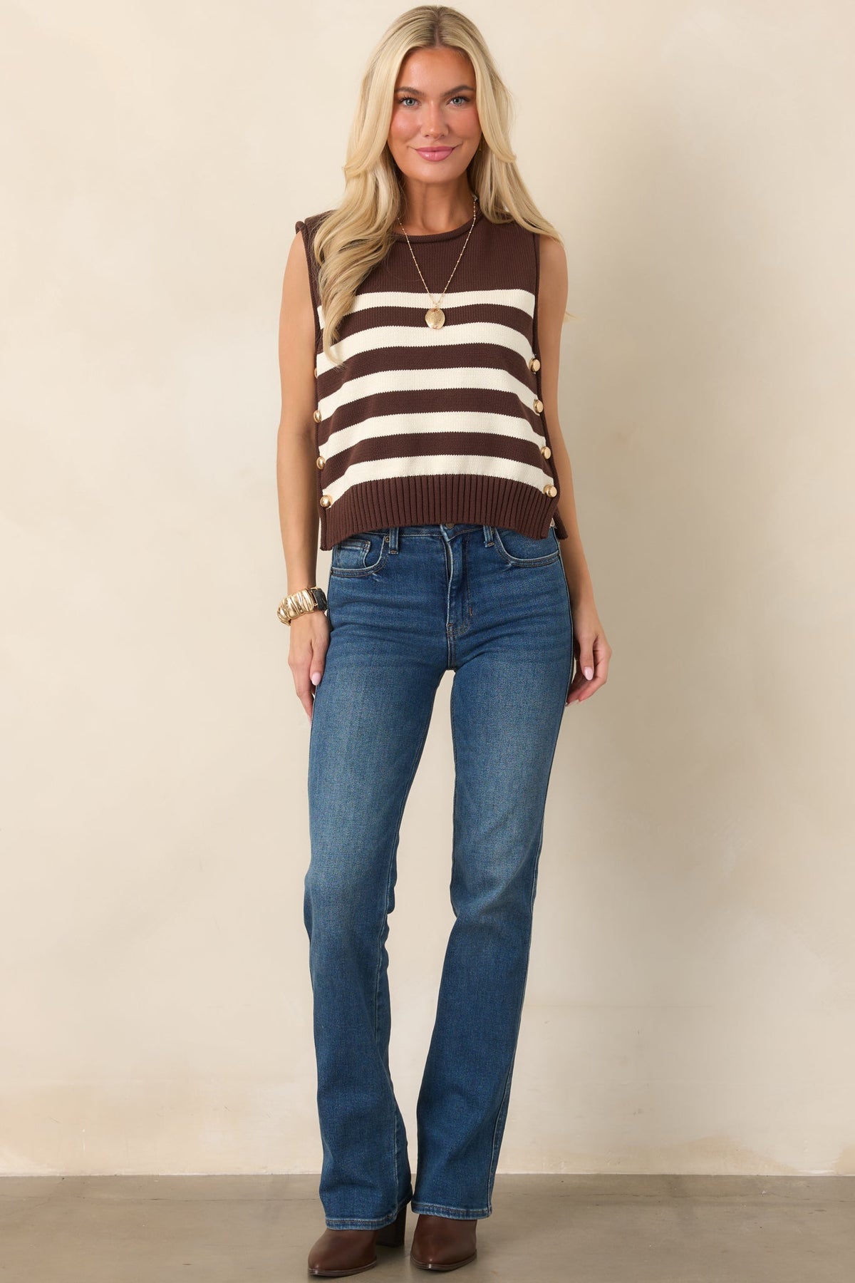 Set the Bar Brown & Ivory Striped Cotton Knit Sleeveless Top