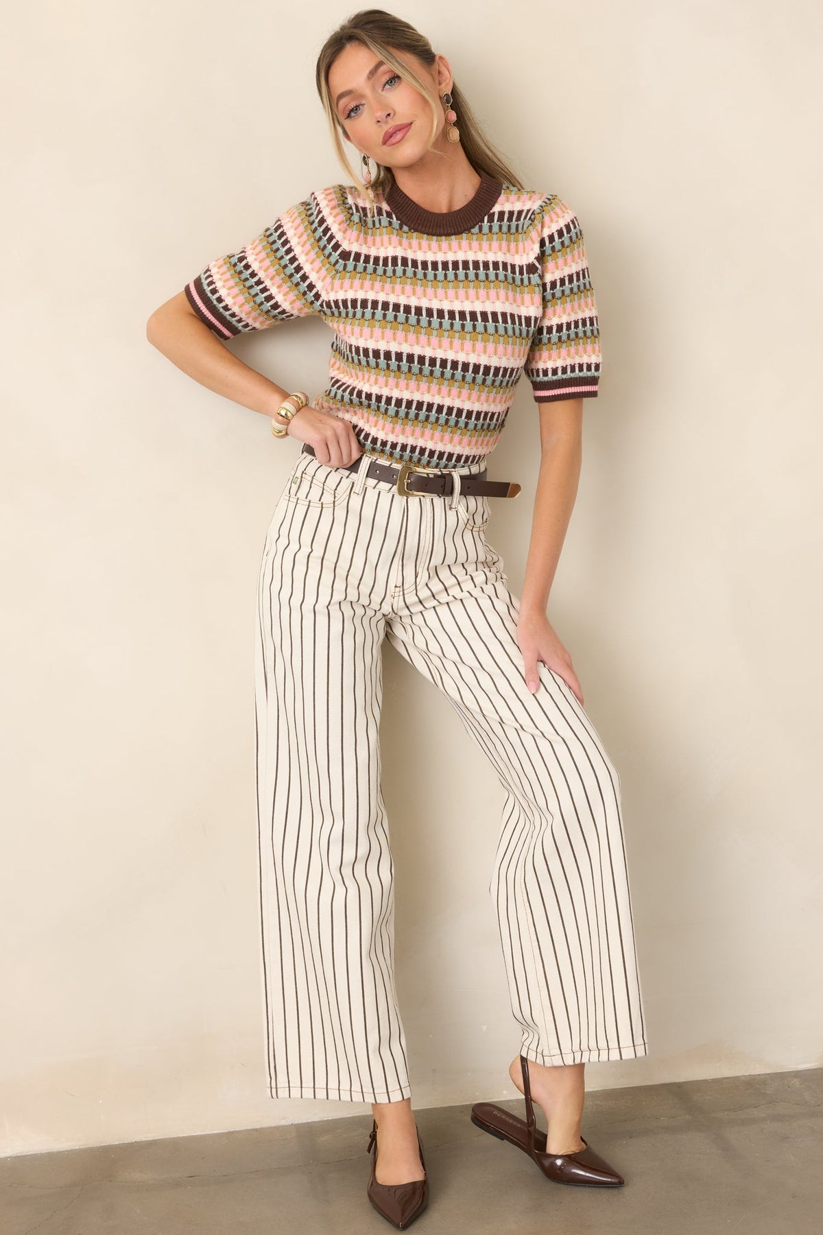 Making the Grade Brown Multi Short Sleeve Knit Sweater