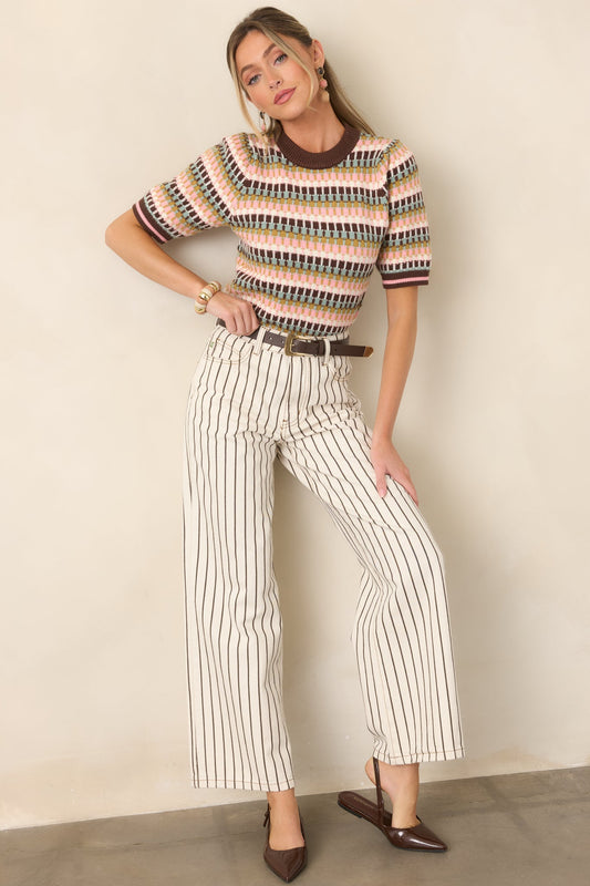 Making the Grade Brown Multi Short Sleeve Knit Sweater