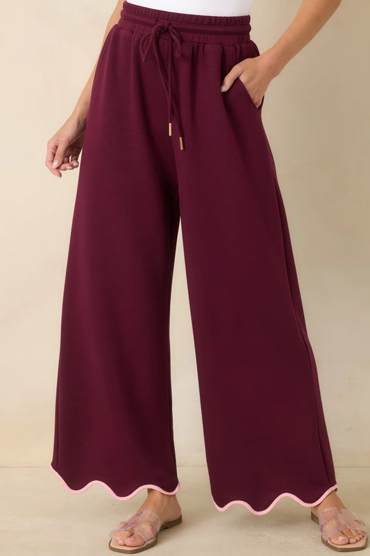 On My Time Burgundy Scalloped Trim Wide Leg Pants