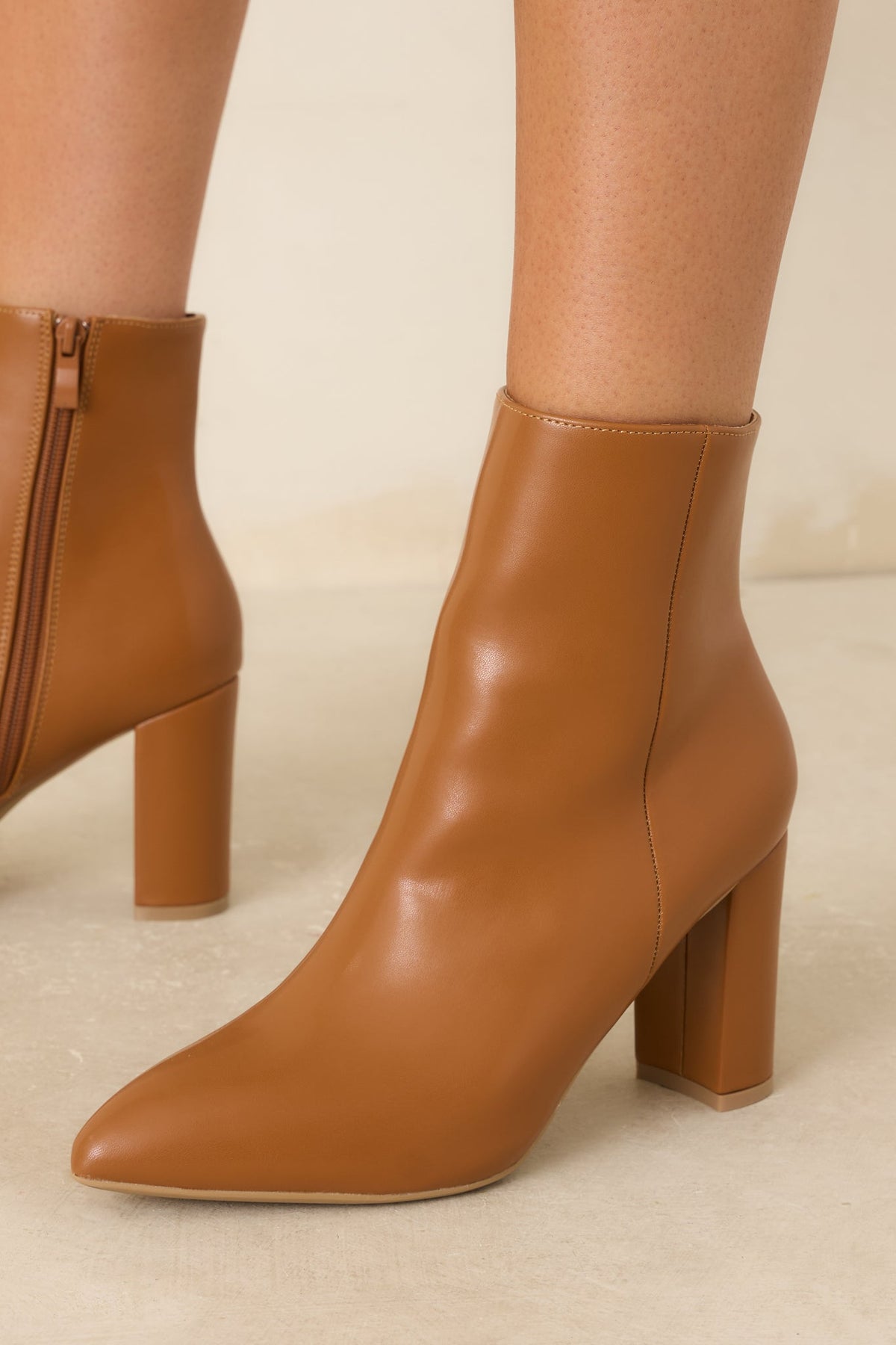 From Here On Caramel Brown Faux Leather Block Heel Ankle Boots