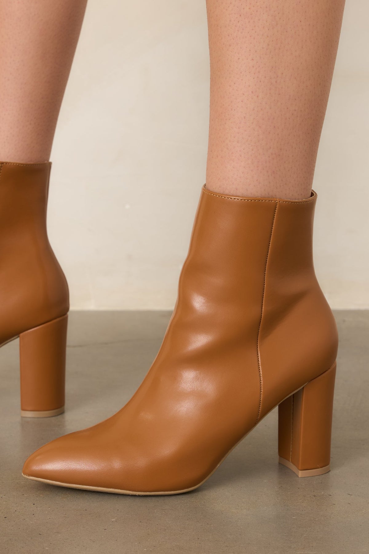 From Here On Caramel Brown Faux Leather Block Heel Ankle Boots