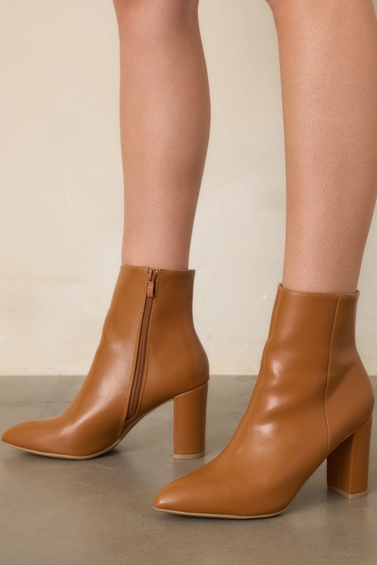 From Here On Caramel Brown Faux Leather Block Heel Ankle Boots