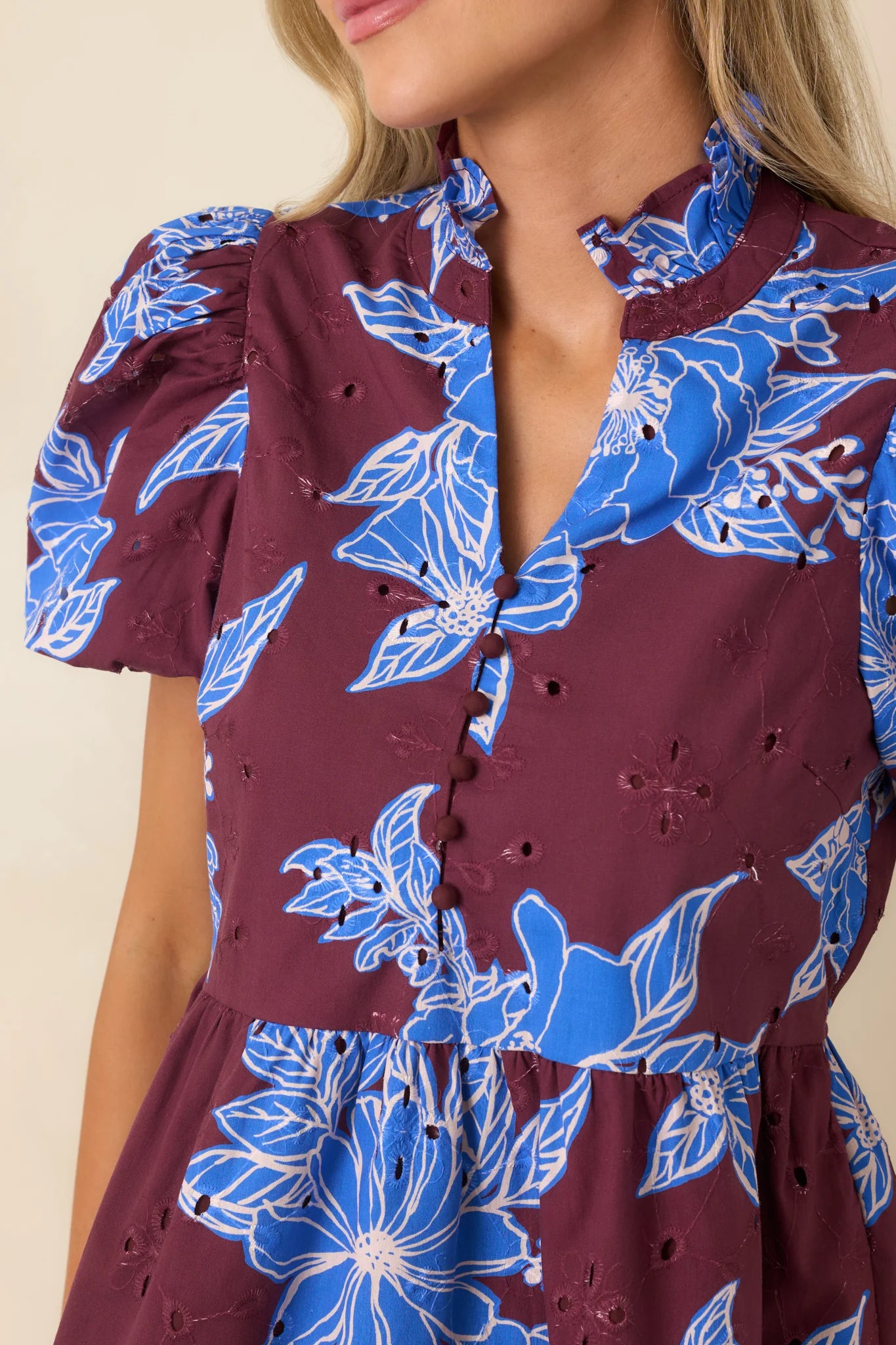 The Garden's Calling Wine & Cobalt Floral Cotton Eyelet Top
