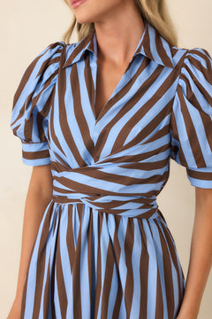 From Another Angle Light Blue & Brown Stripe Cotton Midi Dress