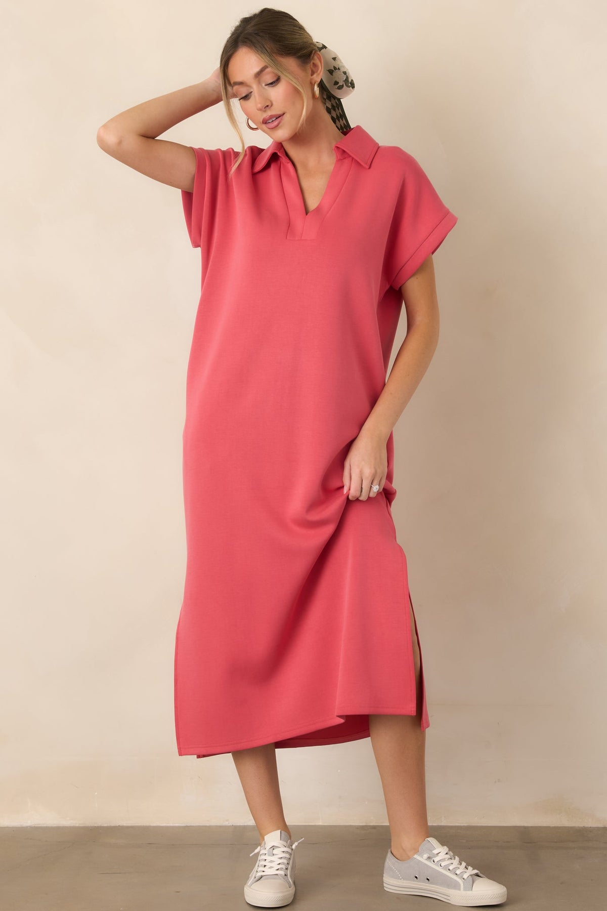Made The Right Call Coral Pink Collared Midi T-Shirt Dress