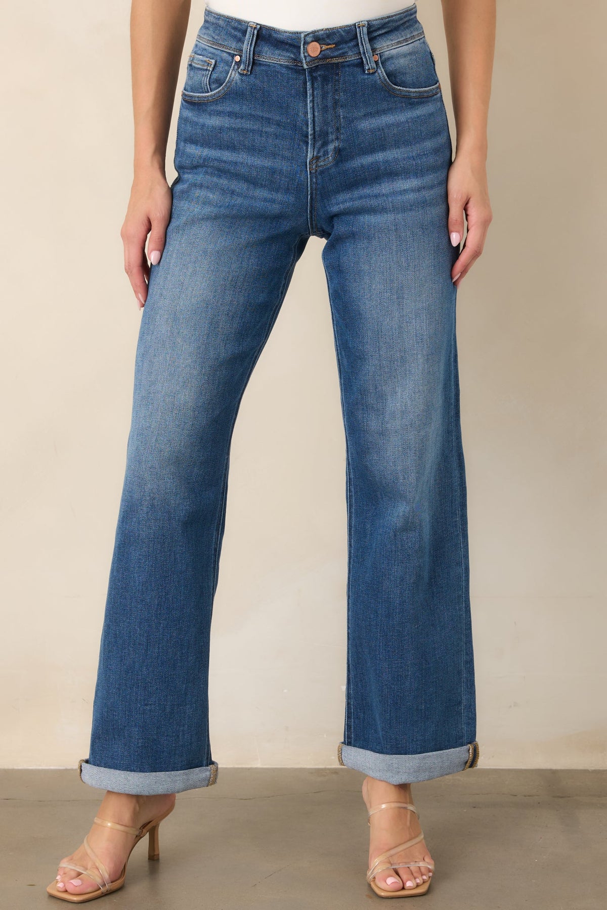 Let's Roll Medium Wash High Rise Cuffed Straight Leg Jeans