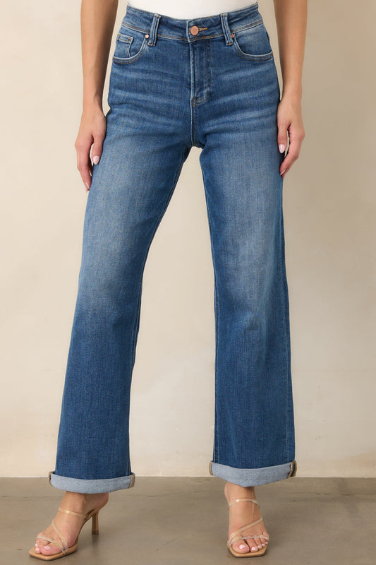 Let's Roll Medium Wash High Rise Cuffed Straight Leg Jeans