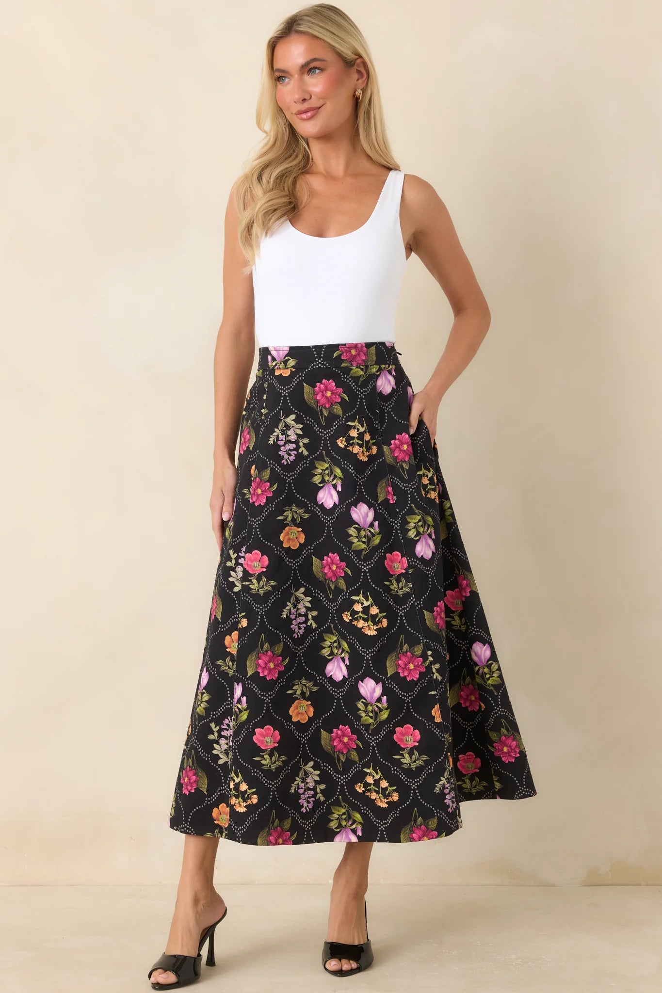 Consider Me Charmed Black Multi Floral Cotton Maxi Skirt