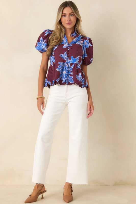 The Garden's Calling Wine & Cobalt Floral Cotton Eyelet Top