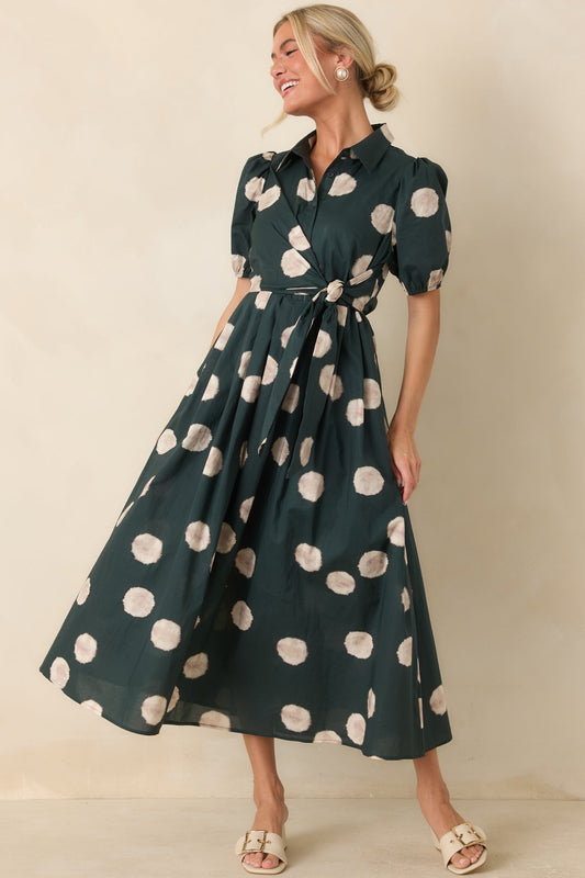 Gather Around Hunter Green Dot Print Cotton Midi Dress