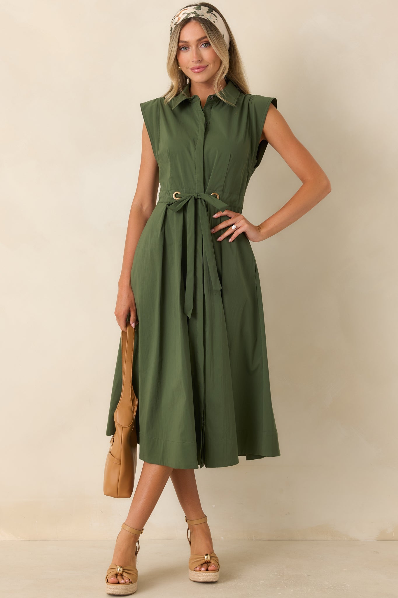 A Better Plan Olive Green Cotton Poplin Belted Midi Dress
