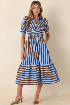 From Another Angle Light Blue & Brown Stripe Cotton Midi Dress