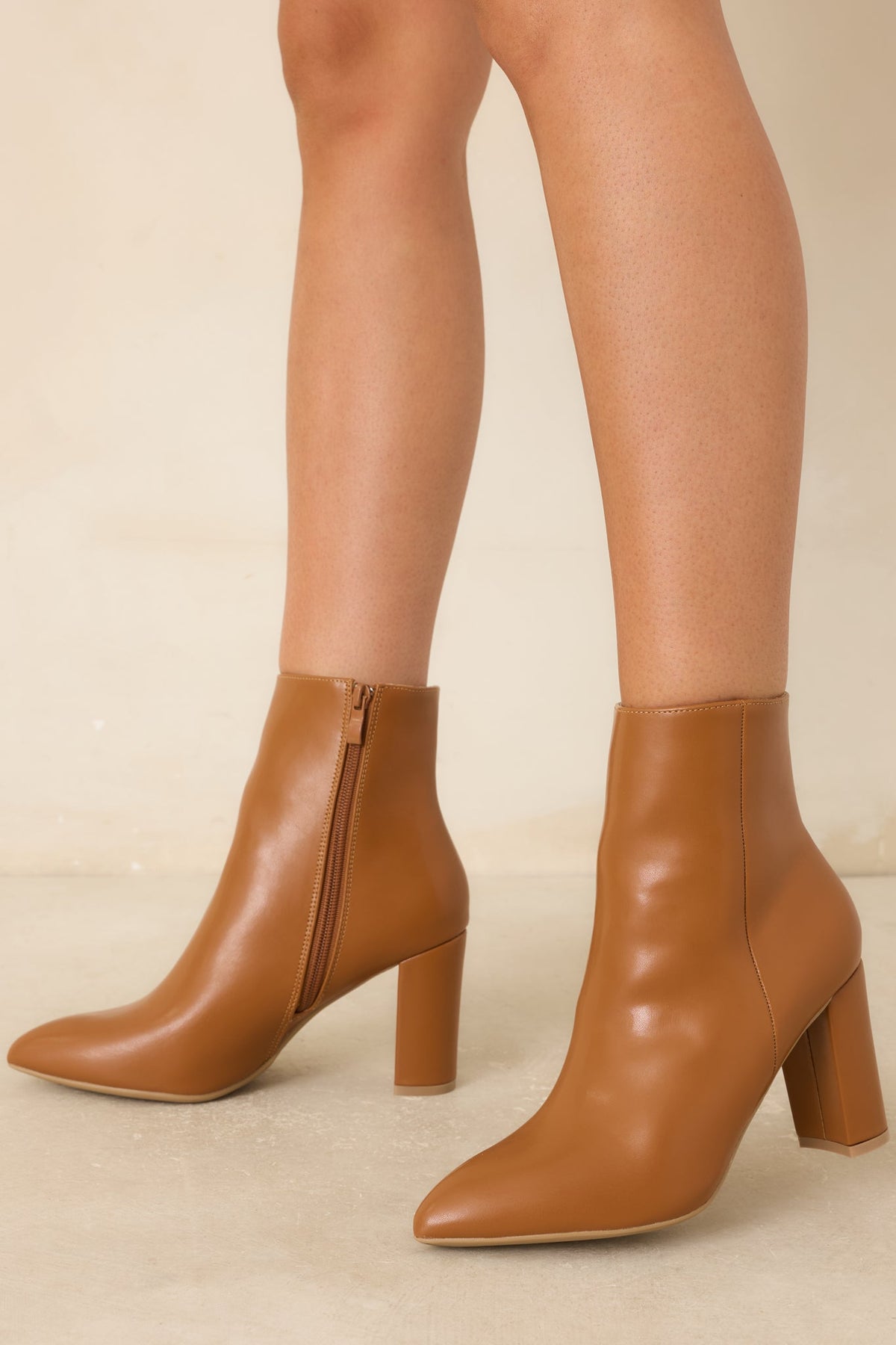 From Here On Caramel Brown Faux Leather Block Heel Ankle Boots
