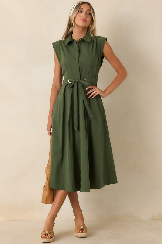 A Better Plan Olive Green Cotton Poplin Belted Midi Dress