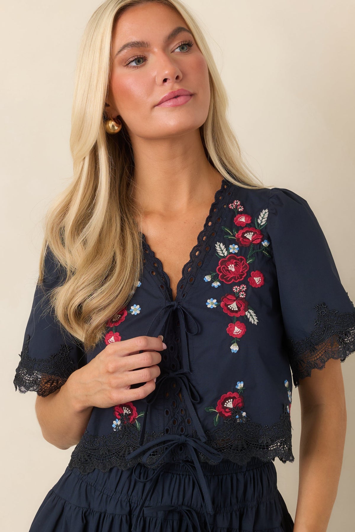 So Much to Love Navy Floral Embroidered Cotton Tie Front Top