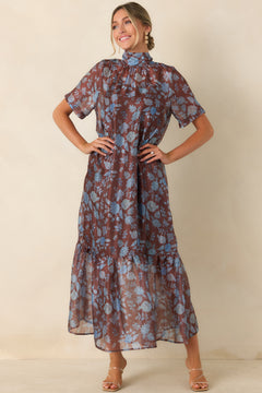 Whispered Intentions Brown & Blue Floral Tiered Maxi Dress