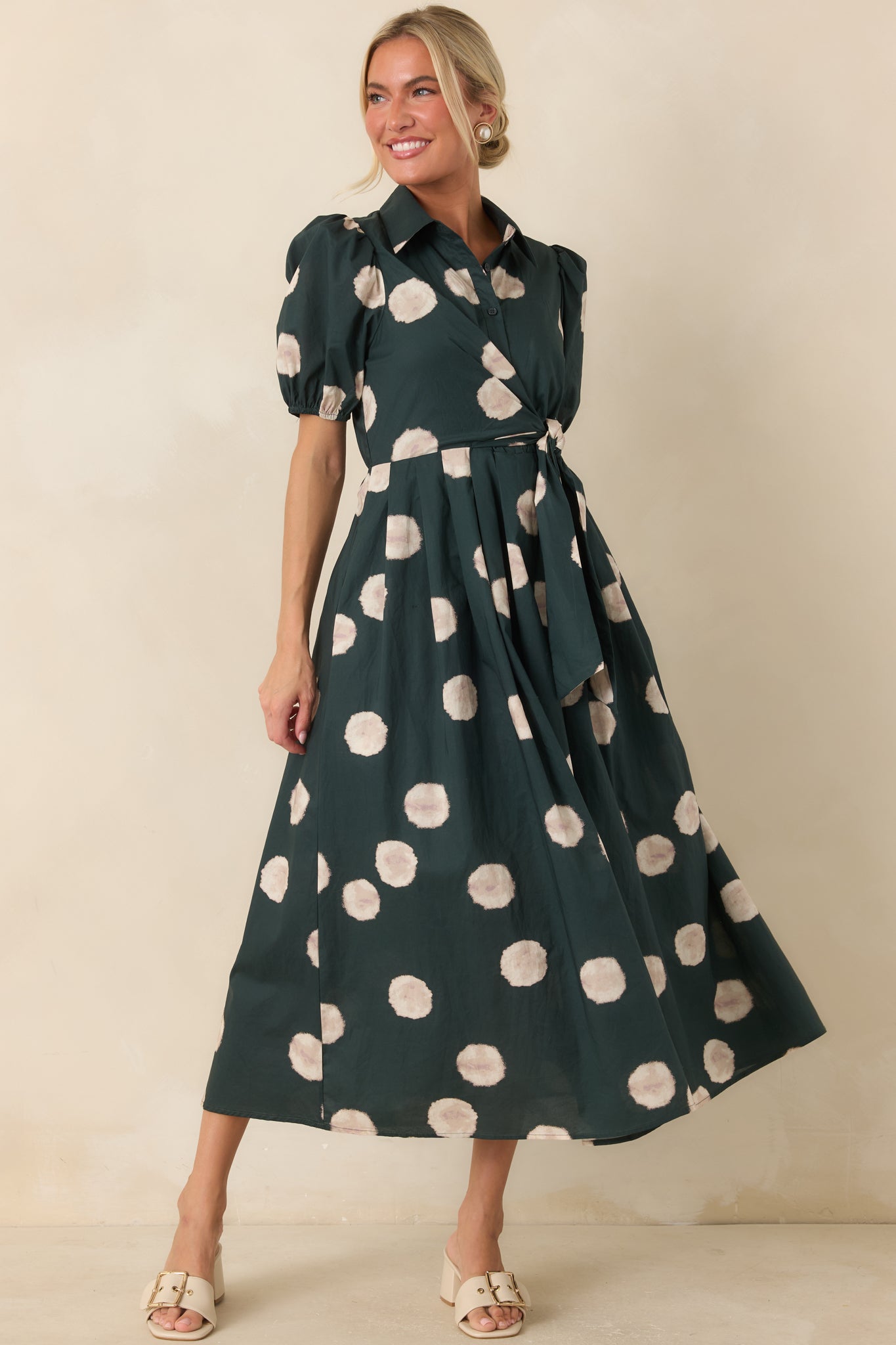 Gather Around Hunter Green Dot Print Cotton Midi Dress