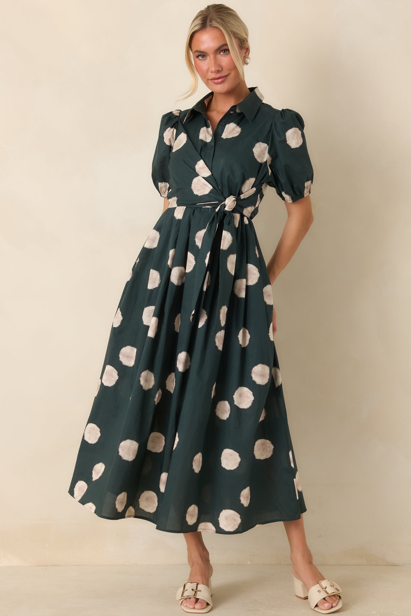 Gather Around Hunter Green Dot Print Cotton Midi Dress