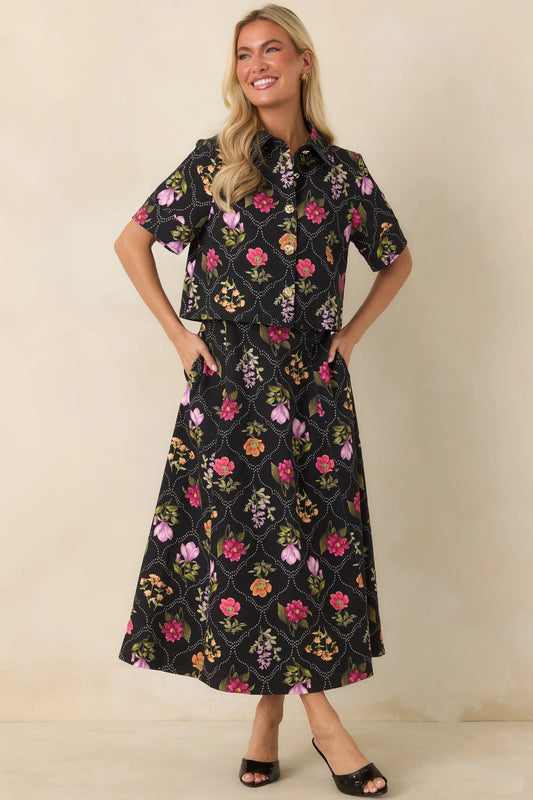 Consider Me Charmed Black Multi Floral Cotton Maxi Skirt