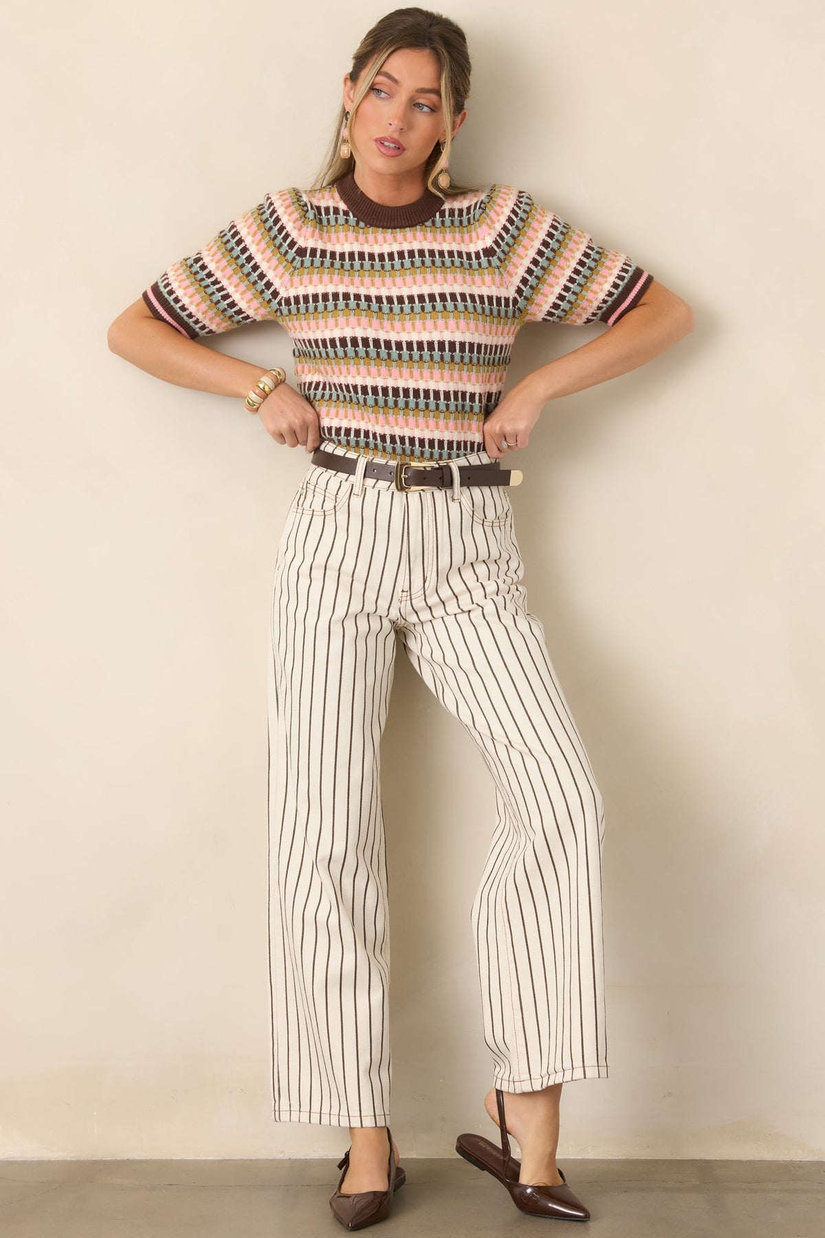 FRNCH Fenton Ivory Pinstripe Cotton Wide Leg Jeans