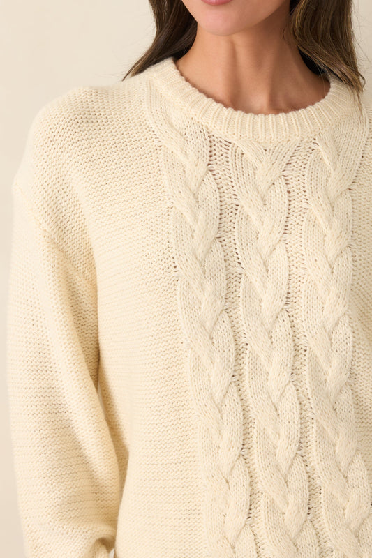 All the While Ivory Cable Knit Crewneck Pullover Sweater