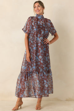 Whispered Intentions Brown & Blue Floral Tiered Maxi Dress