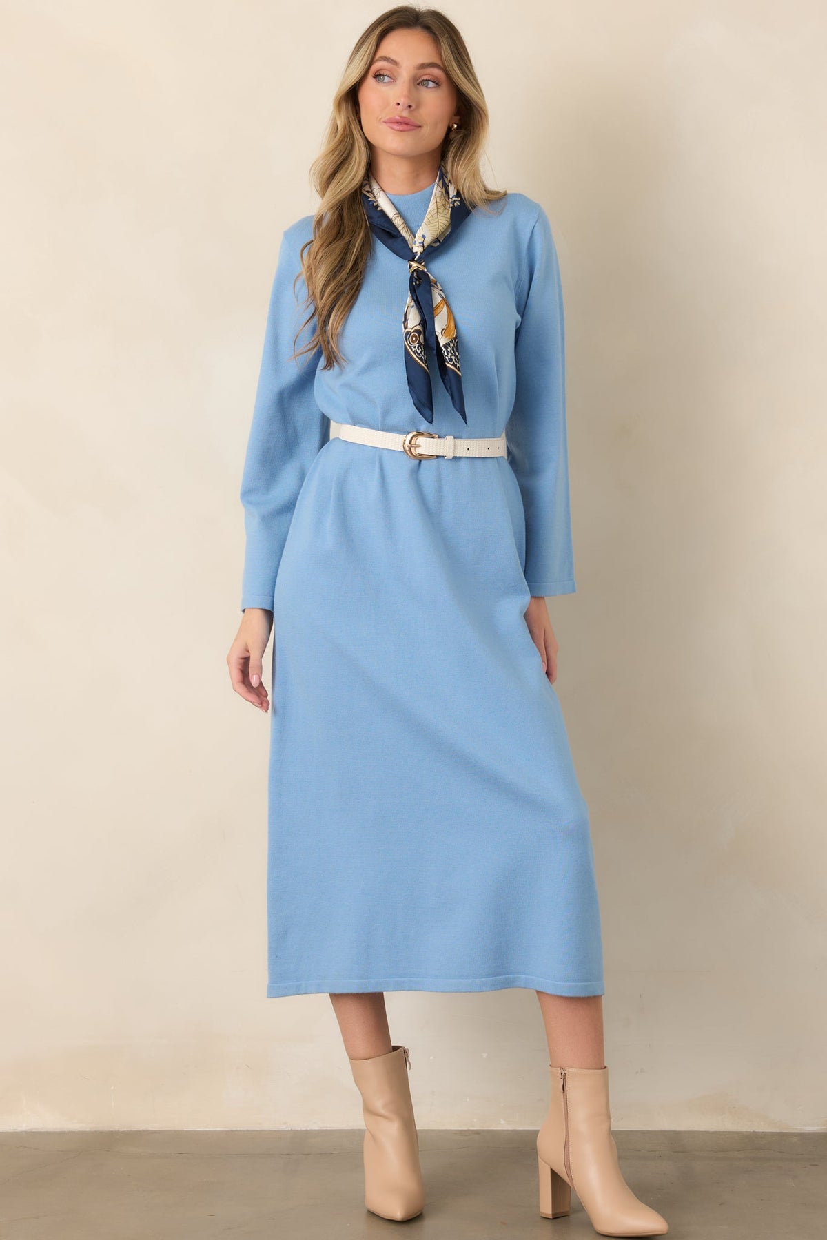 Simply Put Together Sky Blue Relaxed Knit Shift Midi Dress