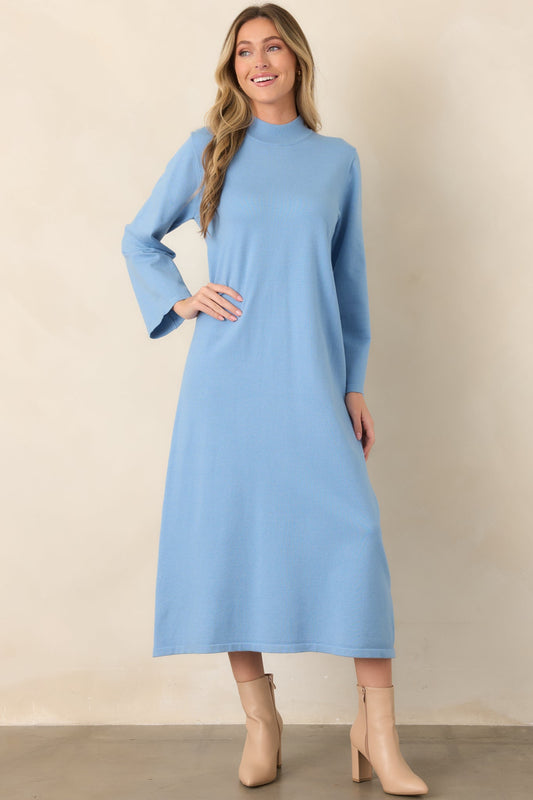 Simply Put Together Sky Blue Relaxed Knit Shift Midi Dress