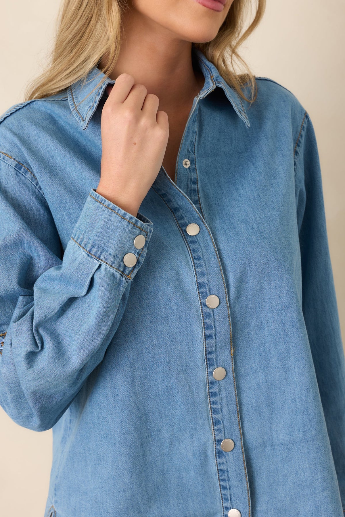 Just So Happens Light Wash Chambray Button Up Shirt