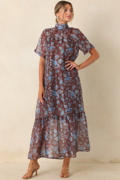 Whispered Intentions Brown & Blue Floral Tiered Maxi Dress