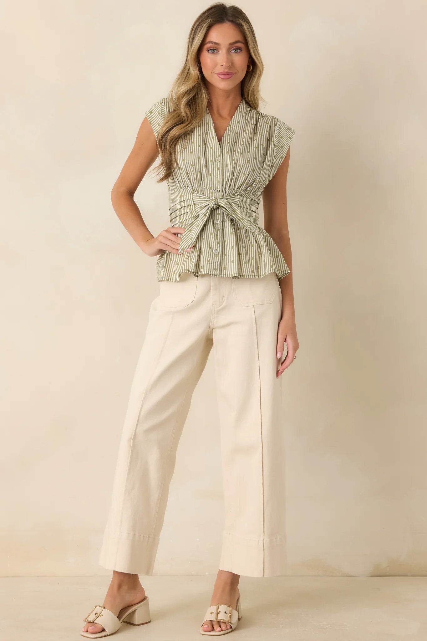 Well Read Olive Green Stripe & Dot Print Cotton Tie Waist Blouse