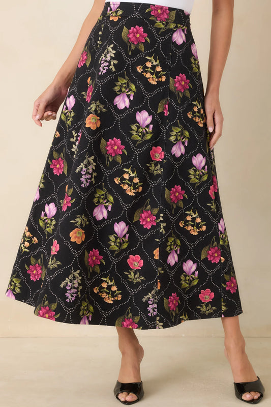 Consider Me Charmed Black Multi Floral Cotton Maxi Skirt
