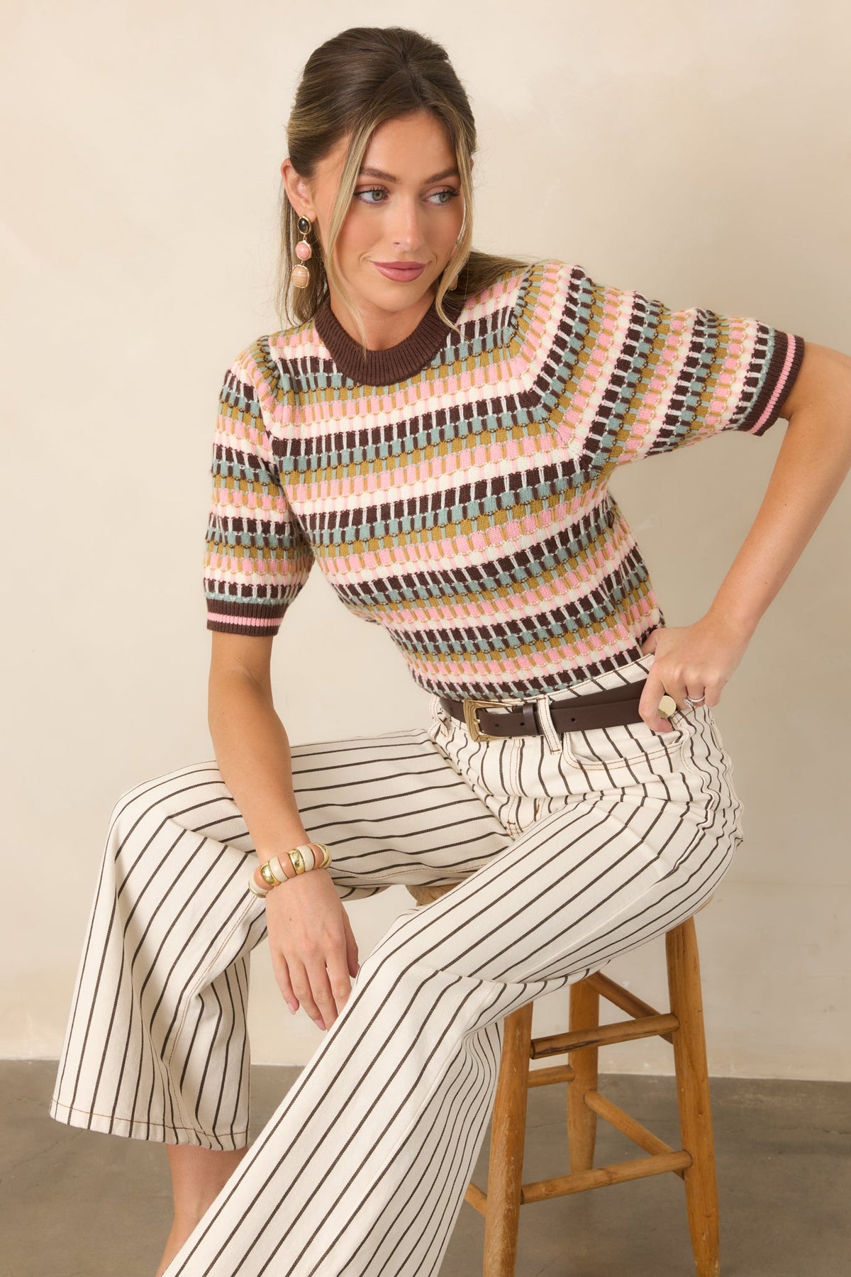 Making the Grade Brown Multi Short Sleeve Knit Sweater