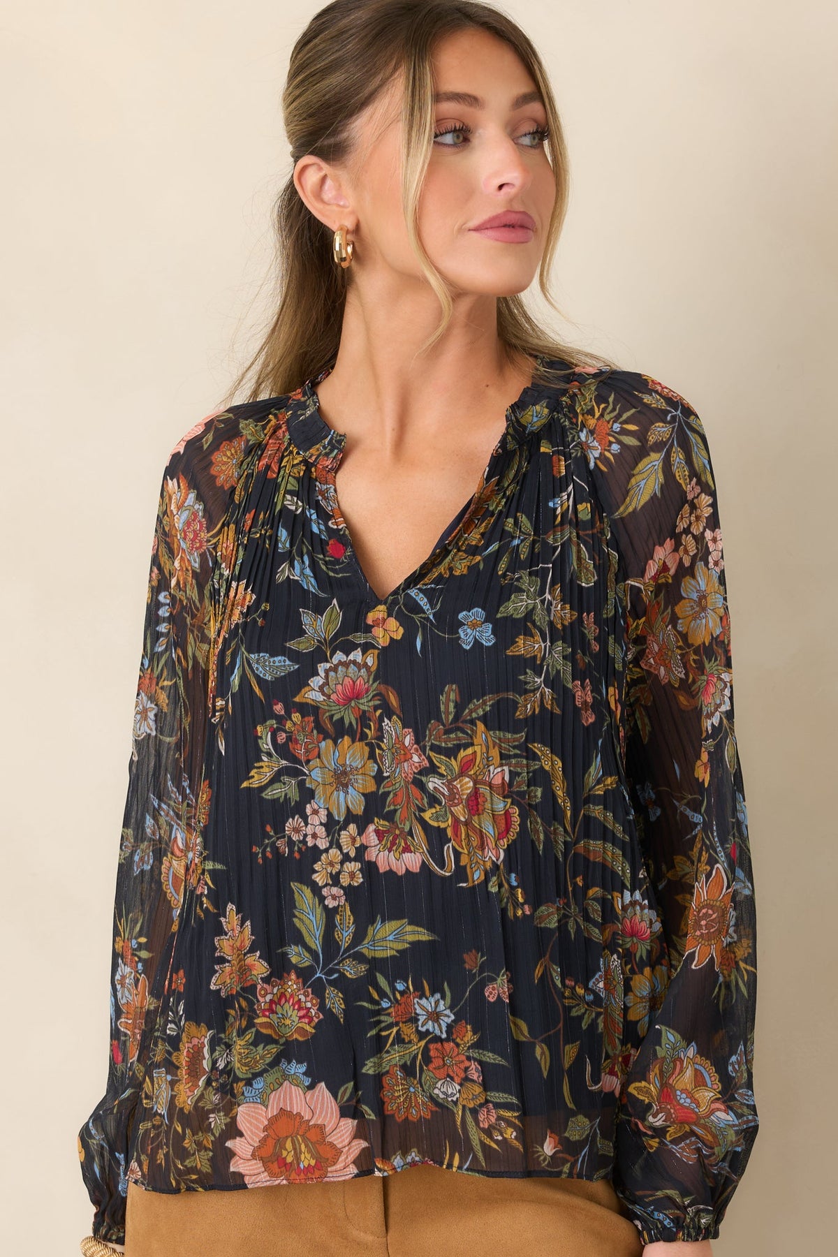 Under Evening Skies Navy Multi Floral Pleated Blouse
